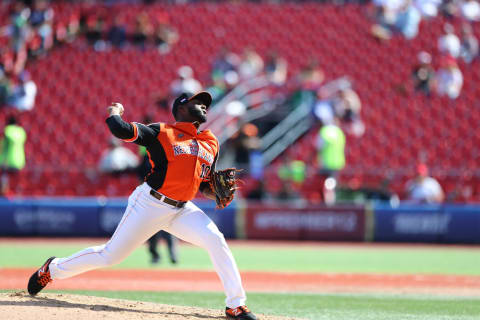 Franklin Van Gurp #10 of Netherlands pitches during the WBSC Premier 12 Group A match between Dominican Republic and the Netherlands at Estadio de Beisbol Charros de Jalisco on November 3, 2019, in Zapopan, Mexico. Van Gurp was acquired by the San Diego Padres from the SF Giants in a trade for Alex Dickerson. (Photo by Refugio Ruiz/Getty Images)