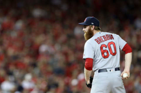 WASHINGTON, DC – OCTOBER 14: John Brebbia #60 of the St. Louis Cardinals delivers in the fifth inning of game three of the National League Championship Series against the Washington Nationals at Nationals Park on October 14, 2019 in Washington, DC. (Photo by Rob Carr/Getty Images)