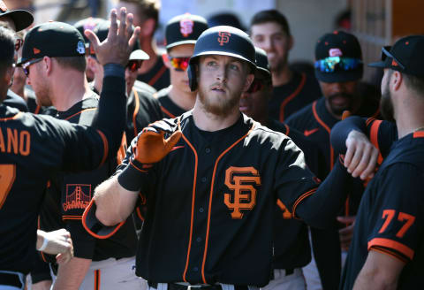 MARYVALE, ARIZONA – MARCH 06: Joe McCarthy #70 of the SF Giants celebrates with teammates in the dugout after hitting a solo home run against the Milwaukee Brewers during the fourth inning of a spring training game at American Family Fields of Phoenix on March 06, 2020 in Maryvale, Arizona. (Photo by Norm Hall/Getty Images)