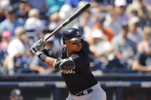 WEST PALM BEACH, FLORIDA – MARCH 12: Thairo Estrada #71 of the New York Yankees at-bat against the Washington Nationals during a Grapefruit League spring training game at FITTEAM Ballpark of The Palm Beaches on March 12, 2020 in West Palm Beach, Florida. (Photo by Michael Reaves/Getty Images)