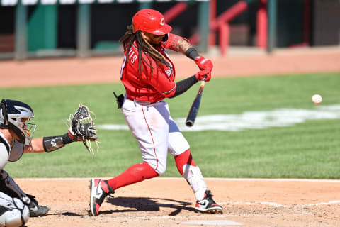 Freddy Galvis #3 of the Cincinnati Reds hits a single in the fifth inning against the Chicago White Sox at Great American Ball Park on September 20, 2020. (Photo by Jamie Sabau/Getty Images)