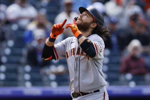 DENVER, CO – MAY 5: Brandon Crawford #35 of the SF Giants points to the sky as he crosses home plate after hitting a two-run home run during the second inning against the Colorado Rockies at Coors Field on May 5, 2021. (Photo by Justin Edmonds/Getty Images)