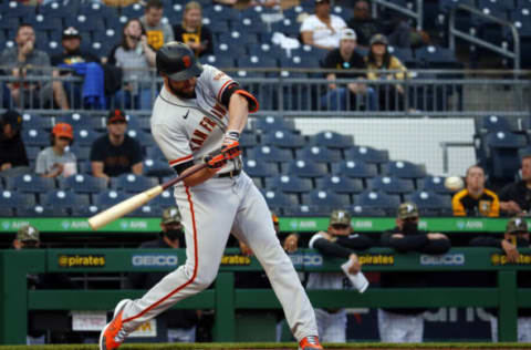 PITTSBURGH, PA – MAY 15: Darin Ruf #33 of the SF Giants hits a solo home run in the first inning against the Pittsburgh Pirates at PNC Park on May 15, 2021 in Pittsburgh, Pennsylvania. (Photo by Justin K. Aller/Getty Images)