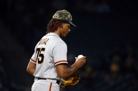 PITTSBURGH, PA – MAY 15: Camilo Doval #75 of the San Francisco Giants reacts after allowing a two RBI double in the seventh inning against the Pittsburgh Pirates at PNC Park on May 15, 2021 in Pittsburgh, Pennsylvania. (Photo by Justin K. Aller/Getty Images)