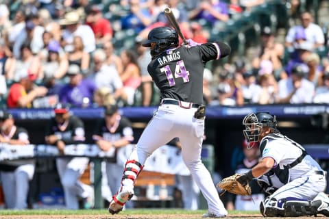 DENVER, CO – JULY 11: Heliot Ramos #14 of National League Futures Team bats against the American League Futures Team at Coors Field on July 11, 2021 in Denver, Colorado Ramos is a prospect in the SF Giants organization.(Photo by Dustin Bradford/Getty Images)