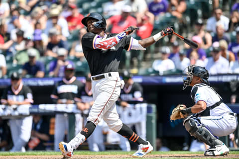 DENVER, CO – JULY 11: Marco Luciano #10 of National League Futures Team bats against the American League Futures Team at Coors Field on July 11, 2021. Luciano is the top prospect in the SF Giants farm system. (Photo by Dustin Bradford/Getty Images)