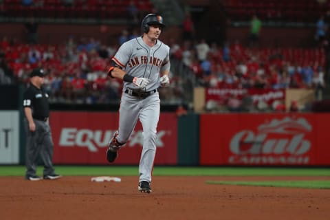 ST LOUIS, MO – JULY 16: Mike Yastrzemski of the SF Giants rounds the bases after hitting his second home run of the game, a three-run home run against the St. Louis Cardinals in the seventh inning, at Busch Stadium on July 16, 2021. (Photo by Dilip Vishwanat/Getty Images)