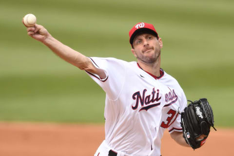 WASHINGTON, DC – JULY 18: Max Scherzer #31 of the Washington Nationals pitches in the third inning during a baseball game against the San Diego Padres at Nationals Park on July 18, 2021. He’s reported considered a “perfect fit” for the SF Giants. (Photo by Mitchell Layton/Getty Images)