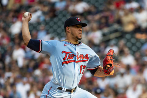 MINNEAPOLIS, MN – JULY 24: Jose Berrios #17 of the Minnesota Twins pitches in the first inning of the game against the Minnesota Twins at Target Field on July 24, 2021. As the MLB trade deadline approaches, the SF Giants biggest rivals are reportedly making a push to bring Berrios to the NL West. (Photo by Stephen Maturen/Getty Images)