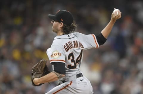 SAN DIEGO, CA – SEPTEMBER 21: Kevin Gausman #34 of the San Francisco Giants pitches during the first inning of a baseball game against the San Diego Padres at Petco Park on September 21, 2021 in San Diego, California. (Photo by Denis Poroy/Getty Images)