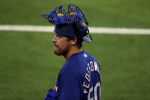 Tim Federowicz #50 of the Texas Rangers during Major League Baseball summer workouts at Globe Life Field on July 07, 2020, in Arlington, Texas. Federowicz played with the SF Giants in 2017. (Photo by Ronald Martinez/Getty Images)