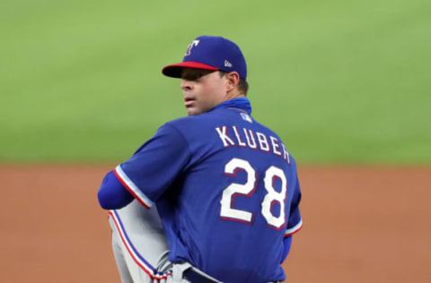 ARLINGTON, TEXAS – JULY 09: Corey Kluber #28 of the Texas Rangers pitches during an intrasquad game during Major League Baseball summer workouts at Globe Life Field on July 09, 2020 in Arlington, Texas. (Photo by Tom Pennington/Getty Images) – SF Giants