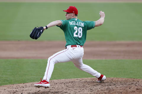 CINCINNATI, OH – JULY 18: Anthony DeSclafani #28 of the Cincinnati Reds pitches during a team scrimmage at Great American Ball Park on July 18, 2020, in Cincinnati, Ohio. (Photo by Joe Robbins/Getty Images)