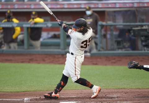 Brandon Crawford #35 of the SF Giants bats against the San Diego Padres in the bottom of the second inning at Oracle Park on July 30, 2020. (Photo by Thearon W. Henderson/Getty Images)