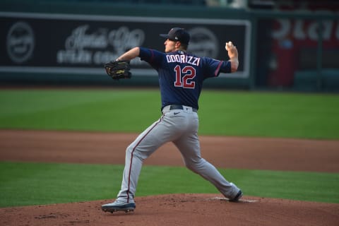 Jake Odorizzi #12 of the Minnesota Twins throws against the Kansas City Royals at Kauffman Stadium on August 8, 2020 in Kansas City, Missouri. (Photo by Ed Zurga/Getty Images)