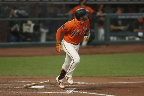 Evan Longoria #10 of the SF Giants hits a two-run home run in the bottom of the third inning against the Arizona Diamondbacks at Oracle Park on August 21, 2020. (Photo by Lachlan Cunningham/Getty Images)