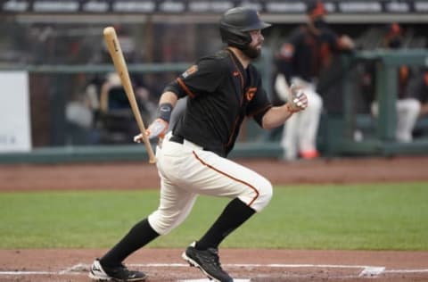 SAN FRANCISCO, CALIFORNIA – AUGUST 22: Brandon Belt #9 of the SF Giants bats against the Arizona Diamondbacks in the bottom of the first inning at Oracle Park on August 22, 2020 in San Francisco, California. (Photo by Thearon W. Henderson/Getty Images)