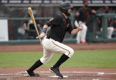 Brandon Belt #9 of the SF Giants bats against the Arizona Diamondbacks in the bottom of the first inning at Oracle Park on August 22, 2020. (Photo by Thearon W. Henderson/Getty Images)