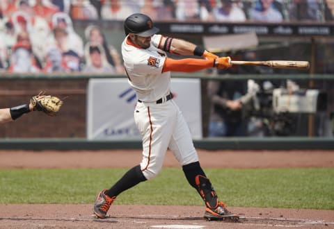 Evan Longoria #10 of the SF Giants bats against the Arizona Diamondbacks in the bottom of the fifth inning at Oracle Park on August 23, 2020. (Photo by Thearon W. Henderson/Getty Images)