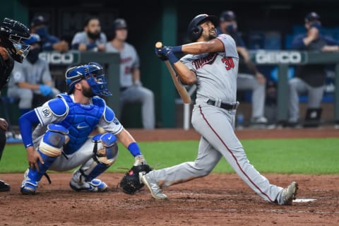 LaMonte Wade Jr. #30 during his time with the Minnesota Twins hits in the sixth inning against the Kansas City Royals at Kauffman Stadium on August 9, 2020, in Kansas City, Missouri. (Photo by Ed Zurga/Getty Images)