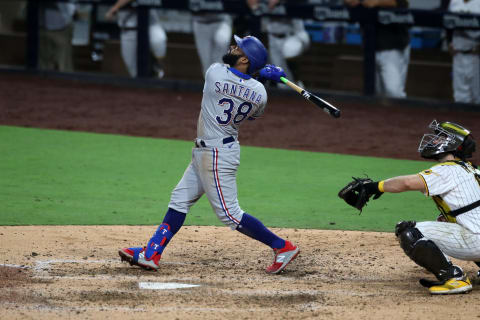 Danny Santana #38 of the Texas Rangers bats during the game against the San Diego Padres at Petco Park on August 20, 2020 in San Diego, California. The Padres defeated the Rangers 8-7. (Photo by Rob Leiter/MLB Photos via Getty Images)