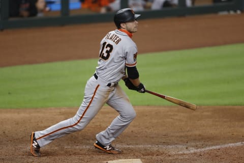 HOUSTON, TEXAS – AUGUST 10: Austin Slater #13 of the SF Giants bats in the ninth inning against the Houston Astros at Minute Maid Park on August 10, 2020. (Photo by Tim Warner/Getty Images)