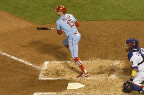 CHICAGO, ILLINOIS – SEPTEMBER 05: Brad Miller #15 of the St. Louis Cardinals hits an RBI single against the Chicago Cubs during the third inning in game two of a doubleheader at Wrigley Field on September 05, 2020 in Chicago, Illinois. (Photo by David Banks/Getty Images)