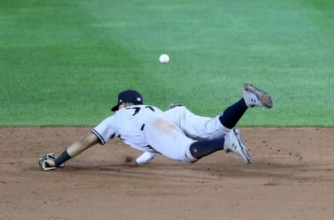 BUFFALO, NEW YORK – SEPTEMBER 07: Thairo Estrada #71 of the New York Yankees dives for a ball hit by Travis Shaw #6 of the Toronto Blue Jays during the sixth inning at Sahlen Field on September 07, 2020 in Buffalo, New York. The Blue Jays are the home team and are playing their home games in Buffalo due to the Canadian government’s policy on coronavirus (COVID-19). (Photo by Bryan M. Bennett/Getty Images) – SF Giants