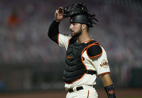 Joey Bart #21 of the SF Giants looks on walking back to his position against the Arizona Diamondbacks in the top of the eighth inning at Oracle Park on September 07, 2020. (Photo by Thearon W. Henderson/Getty Images)