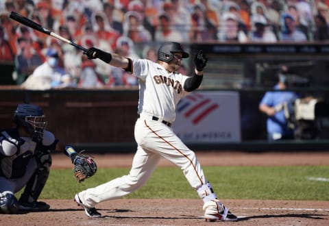 Justin Smoak #46 of the SF Giants bats against the Seattle Mariners in the top of the sixth inning at Oracle Park on September 17, 2020. (Photo by Thearon W. Henderson/Getty Images)