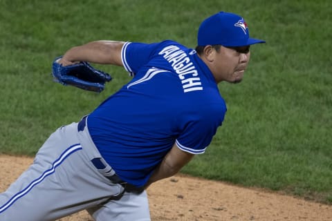 PHILADELPHIA, PA – SEPTEMBER 18: Shun Yamaguchi #1 of the Toronto Blue Jays throws a pitch in the bottom of the sixth inning against the Philadelphia Phillies during Game Two of the doubleheader at Citizens Bank Park on September 18, 2020 in Philadelphia, Pennsylvania. The Phillies defeated the Blue Jays 8-7. (Photo by Mitchell Leff/Getty Images)