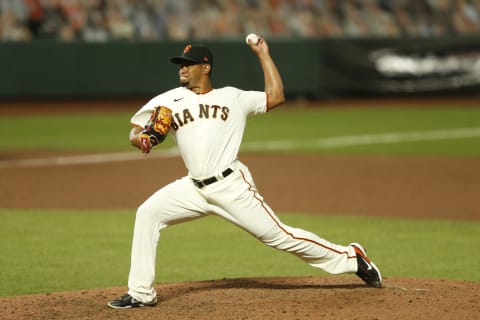 Wandy Peralta #60 of the SF Giants pitches against the Colorado Rockies at Oracle Park on September 21, 2020. (Photo by Lachlan Cunningham/Getty Images)