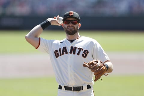 SAN FRANCISCO, CALIFORNIA – SEPTEMBER 24: Evan Longoria #10 of the SF Giants looks on during the game against the Colorado Rockies at Oracle Park on September 24, 2020. (Photo by Lachlan Cunningham/Getty Images)