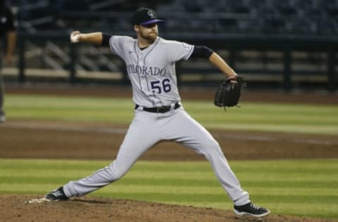 PHOENIX, ARIZONA – SEPTEMBER 27: Relief pitcher Ashton Goudeau #56 of the Colorado Rockies throws a pitch against the Arizona Diamondbacks during the sixth inning of the MLB game at Chase Field on September 27, 2020 in Phoenix, Arizona. (Photo by Ralph Freso/Getty Images) – SF Giants