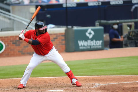 Former SF Giants third baseman Pablo Sandoval #18 of Atlanta in action during a game against the Boston Red Sox at Truist Park on September 27, 2020 in Atlanta, Georgia. (Photo by Carmen Mandato/Getty Images)