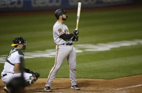 OAKLAND, CA – SEPTEMBER 18: Joey Bart #21 of the San Francisco Giants bats during the game against the Oakland Athletics at RingCentral Coliseum on September 18, 2020 in Oakland, California. The Athletics defeated the Giants 6-0. (Photo by Michael Zagaris/Oakland Athletics/Getty Images)