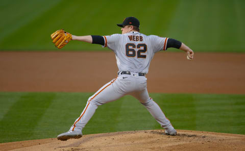 Logan Webb #62 of the SF Giants pitches during the game against the Oakland Athletics at RingCentral Coliseum on September 18, 2020. The Athletics defeated the Giants 6-0. (Photo by Michael Zagaris/Oakland Athletics/Getty Images)