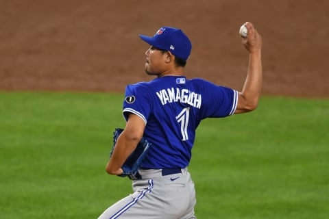 NEW YORK, NEW YORK – SEPTEMBER 15: Shun Yamaguchi #1 of the Toronto Blue Jays pitches during the second inning against the New York Yankees at Yankee Stadium on September 15, 2020 in the Bronx borough of New York City. (Photo by Sarah Stier/Getty Images)