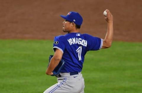 NEW YORK, NEW YORK – SEPTEMBER 15: Shun Yamaguchi #1 of the Toronto Blue Jays pitches during the second inning against the New York Yankees at Yankee Stadium on September 15, 2020, in the Bronx borough of New York City. (Photo by Sarah Stier/Getty Images)