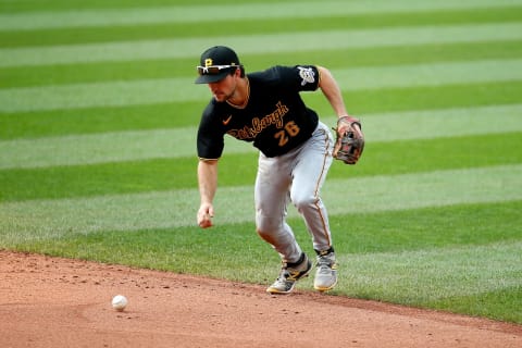 Adam Frazier #26 of the Pittsburgh Pirates fields a ground ball during the game against the Cleveland Baseball Team at Progressive Field on September 27, 2020. (Photo by Kirk Irwin/Getty Images)