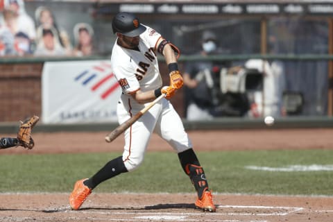 SAN FRANCISCO, CALIFORNIA – SEPTEMBER 27: Evan Longoria #10 of the SF Giants at-bat against the San Diego Padres at Oracle Park on September 27, 2020. (Photo by Lachlan Cunningham/Getty Images)