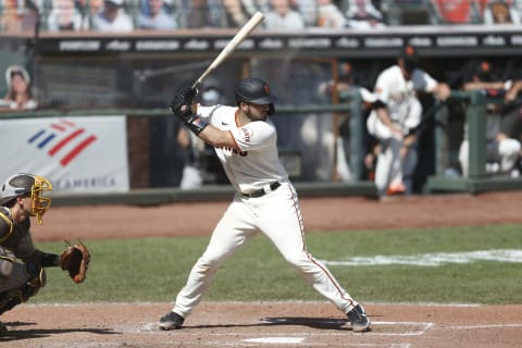 SF Giants catcher Joey Bart #21 bats against the San Diego Padres at Oracle Park on September 27, 2020. (Photo by Lachlan Cunningham/Getty Images)