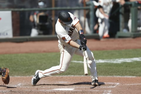 SAN FRANCISCO, CALIFORNIA – SEPTEMBER 27: Joey Bart #21 of the SF Giants at bat against the San Diego Padres at Oracle Park on September 27, 2020 in San Francisco, California. (Photo by Lachlan Cunningham/Getty Images)