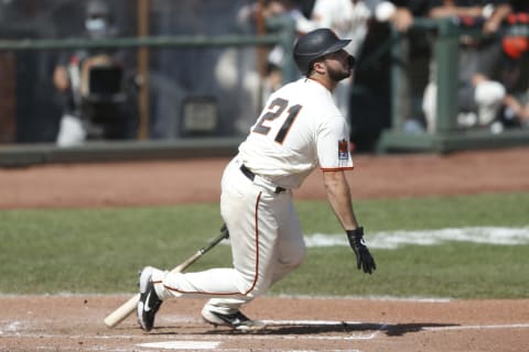 Joey Bart #21 of the SF Giants at bat against the San Diego Padres at Oracle Park on September 27, 2020. (Photo by Lachlan Cunningham/Getty Images)