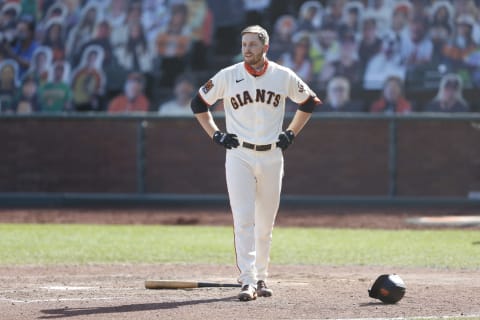 Austin Slater #13 is one of a number of SF Giants players dealing with injuries this offseason. (Photo by Lachlan Cunningham/Getty Images)