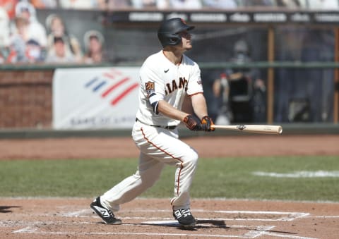 SAN FRANCISCO, CALIFORNIA – SEPTEMBER 27: Alex Dickerson #12 of the SF Giants at bat against the San Diego Padres at Oracle Park on September 27, 2020. (Photo by Lachlan Cunningham/Getty Images)