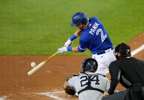 BUFFALO, NY – SEPTEMBER 23: Joe Panik #2 of the Toronto Blue Jays gets a hit against the New York Yankees at Sahlen Field on September 23, 2020, in Buffalo, New York. The Blue Jays are the home team due to the Canadian government”u2019s policy on COVID-19, which prevents them from playing in their home stadium in Canada. Blue Jays beat the Yankees 14 to 1. (Photo by Timothy T Ludwig/Getty Images)