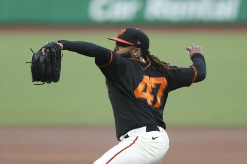 Johnny Cueto #47 of the SF Giants pitches against the San Diego Padres at Oracle Park on September 26, 2020. (Photo by Lachlan Cunningham/Getty Images)