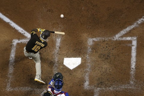 Jurickson Profar #10 of the San Diego Padres at-bat against the Los Angeles Dodgers in Game Two of the National League Division Series at Globe Life Field on October 07, 2020 in Arlington, Texas. (Photo by Tom Pennington/Getty Images)