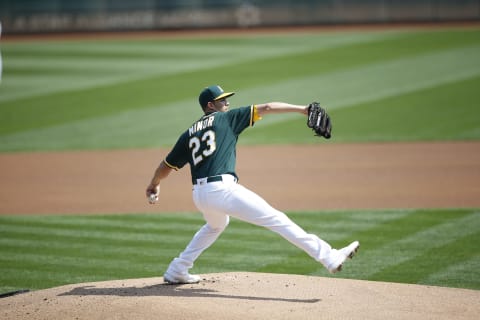 Mike Minor #23 of the Oakland Athletics pitches during the game against the SF Giants at RingCentral Coliseum on September 20, 2020, in Oakland, California. (Photo by Michael Zagaris/Oakland Athletics/Getty Images)